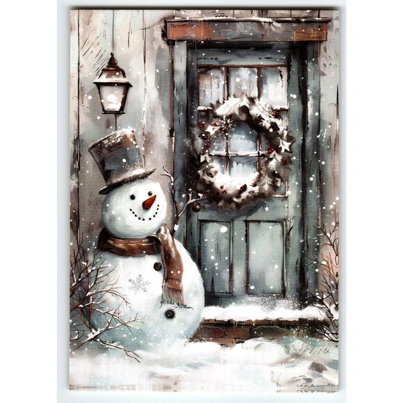 Vintage Christmas Snowman Wreath Door Lithograph Postcard 5.5x4 - Picture 1 of 2